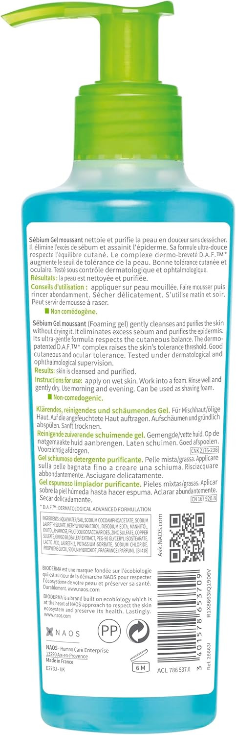 Bioderma Sébium Purifying Foaming Gel - Gentle Cleanser for Combination, Oily & Acne Prone Skin, Remove Impurities, Purify Skin & Control Shine (Soap Free), 200ML