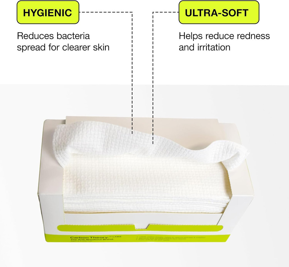 Carbon Theory Supa-Sheets XL Facial Cleansing Towels - 50 x Biodegradable Face Towels Single-Use - Ultra-Soft 100% Cotton - Makeup Remover Cleansing Wipes