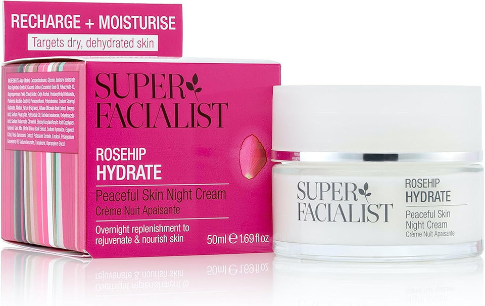 Super Facialist Rosehip Peaceful Skin Night Cream - Moisturiser to Replenish & Rejuvenate Skin with Hyaluronic Acid & Cucumber Oil, Gentle Face Care, Vegan Friendly, 50ml