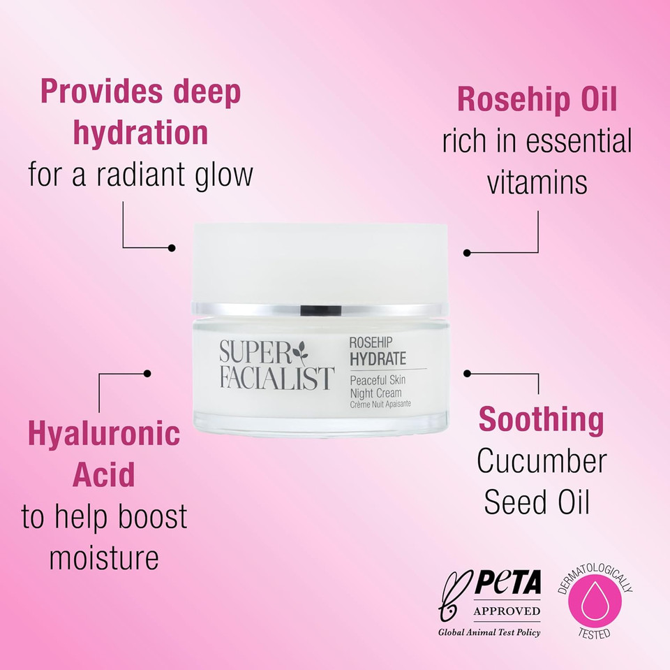 Super Facialist Rosehip Peaceful Skin Night Cream - Moisturiser to Replenish & Rejuvenate Skin with Hyaluronic Acid & Cucumber Oil, Gentle Face Care, Vegan Friendly, 50ml Super Facialist Rosehip Peaceful Skin Night Cream - Moisturiser to Replenish & Rejuvenate Skin with Hyaluronic Acid & Cucumber Oil, Gentle Face Care, Vegan Friendly, 50ml