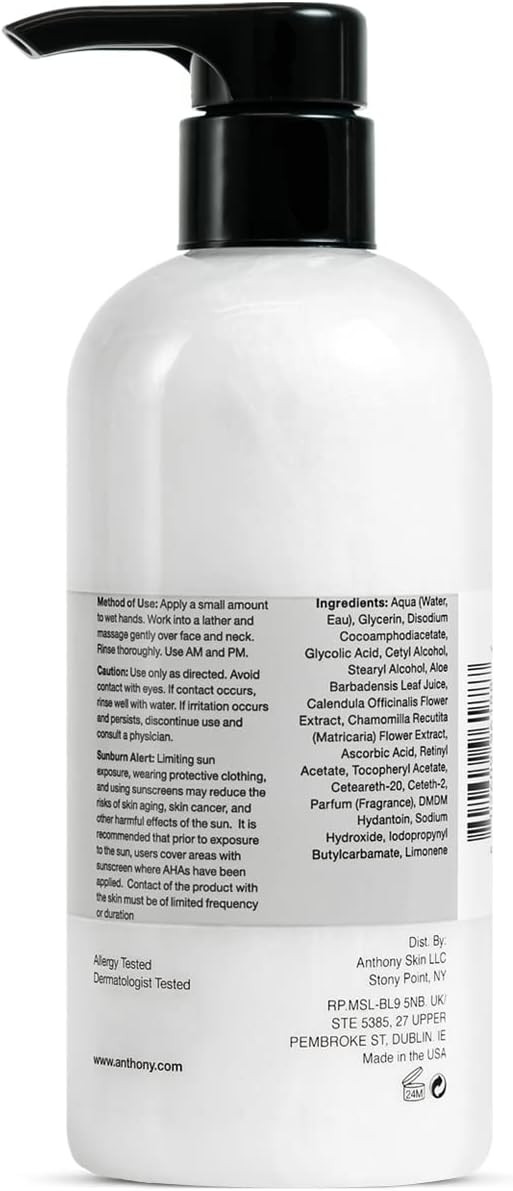 Anthony Glycolic Facial Cleanser for Men  Daily Cleansing Face Wash and Shave Prep  Hydrating, Exfoliating, and Gentle on Sensitive Skin  Non-foaming