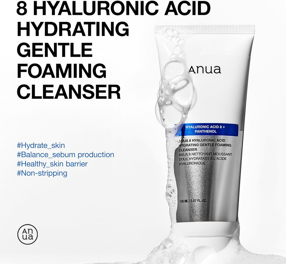 ANUA Hydrating Gentle Foaming Cleanser, Hyaluronic Acid, Glycerin, Zinc PCA, Panthenol, Korean Face Wash for Dry Skin, for Double Cleansing, Korean Skincare, 150ml/5.07fl oz