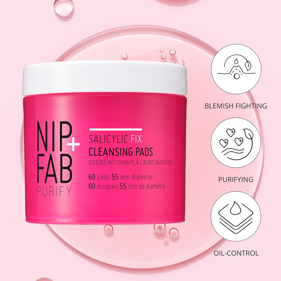 Nip + Fab Saliyclic Fix Night Pads for Face with Hyaluronic Acid, Exfoliating Facial Pad BHA Exfoliant for Skin Hydration Acne Breakouts and Blemishes, 60 Pads, 80 ml