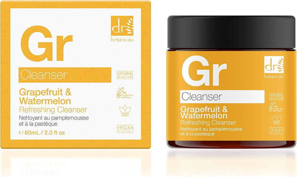 Dr Botanicals Natural Vegan Superfood Facial with Vitamins Watermelon. Balances excess oil gives smooth brighter fresher looking skin 60ml, Orange, Cleanser (Grapefruit & Watermelon)