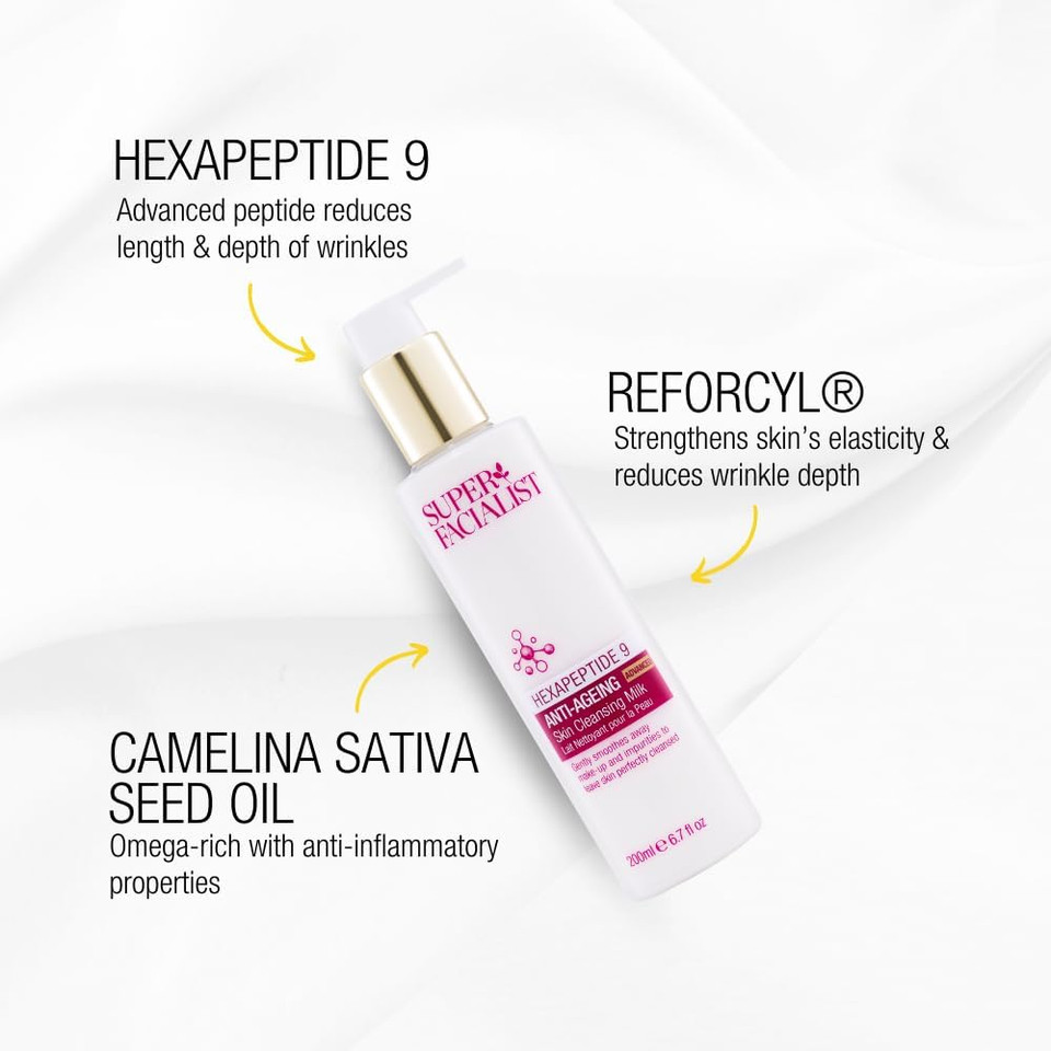 Super Facialist Hexapeptide 9 Anti-Ageing Advanced Skin Cleansing Milk - Gentle Cleanser with Almond Oil to Remove Impurities, Effective Make Up Remover, Vegan 200 ml