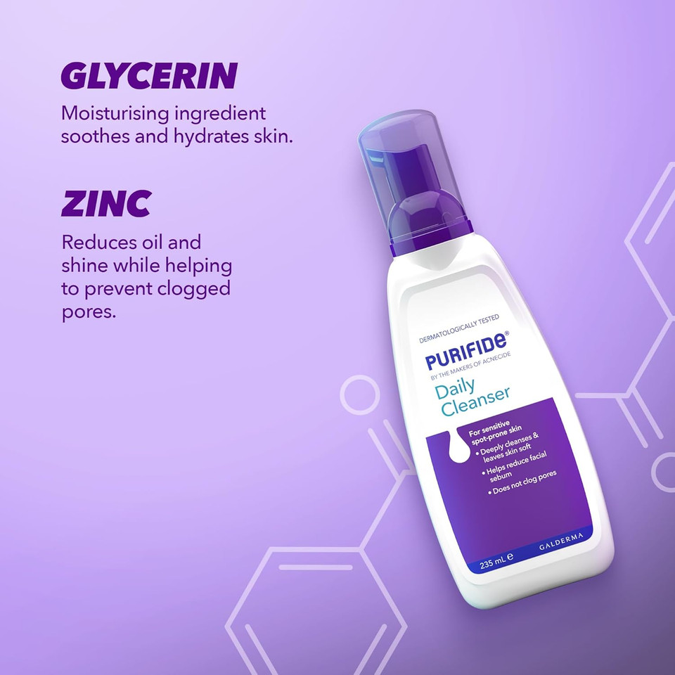 PURIFIDE by Acnecide Skincare Set Daily Cleanser, Face Wash Soap Free, 235ml + Moisturiser SPF 30, 50ml, Face Sun Cream For Acne Prone & Sensitive Skin