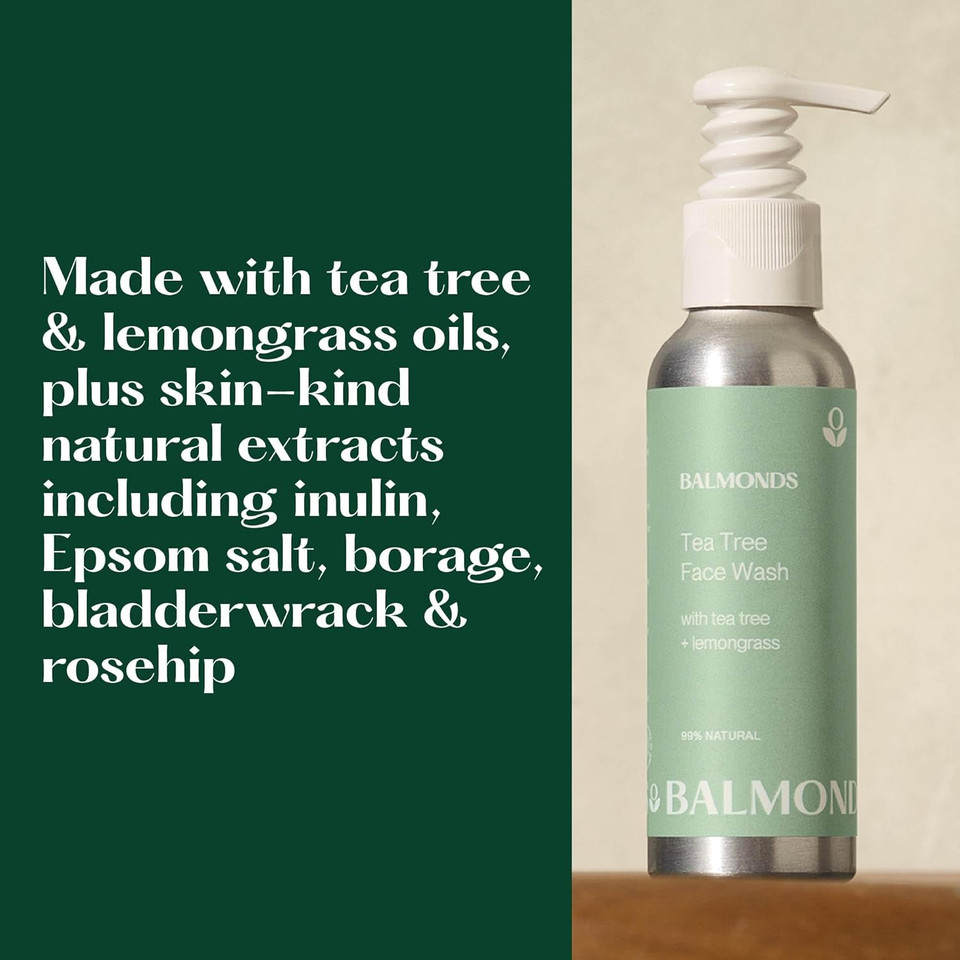 Balmonds Tea Tree Face Wash - 99% Natural Foaming Cleanser with Lemongrass for Sensitive, Breakout-Prone Skin and face wash for acne prone skin, Vegan, Paraben-Free, 125ml