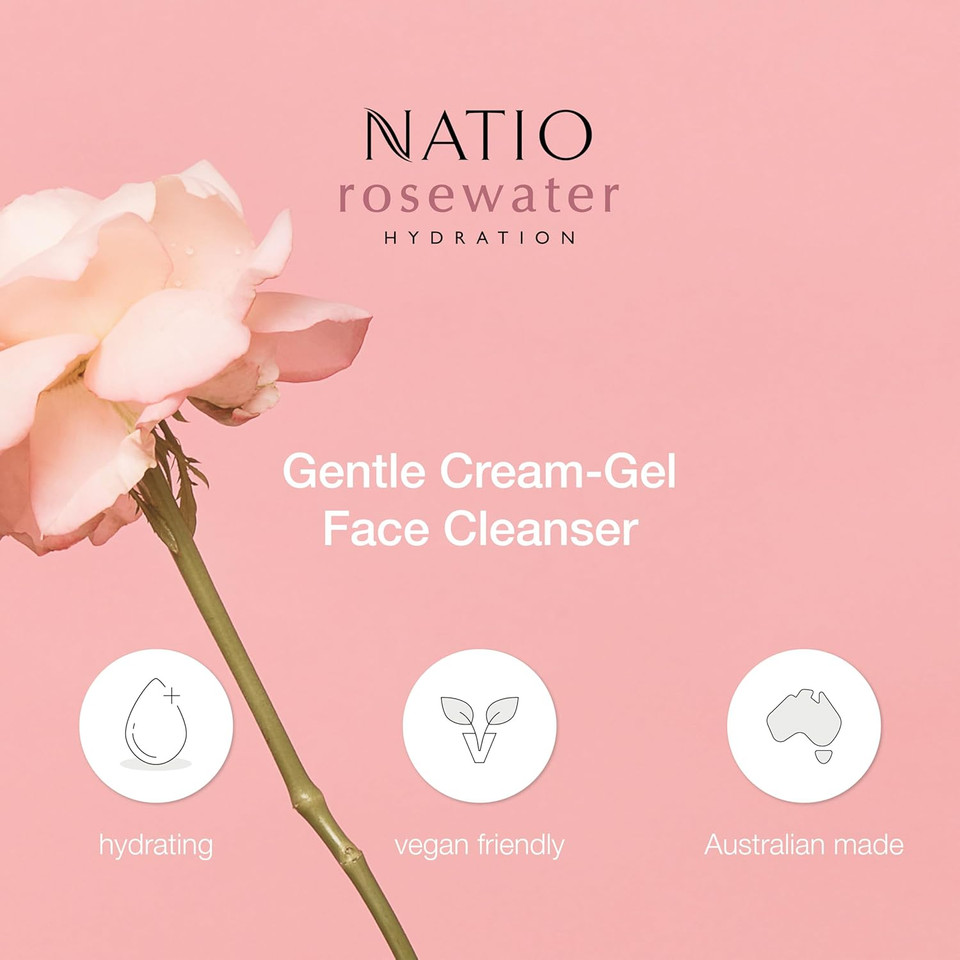 Natio Australia Rosewater Hydration Gentle Cream-Gel Face Cleanser, 100 ml - Facial Cleanser with Rosewater - Travel Size Face Wash for All Skin Types