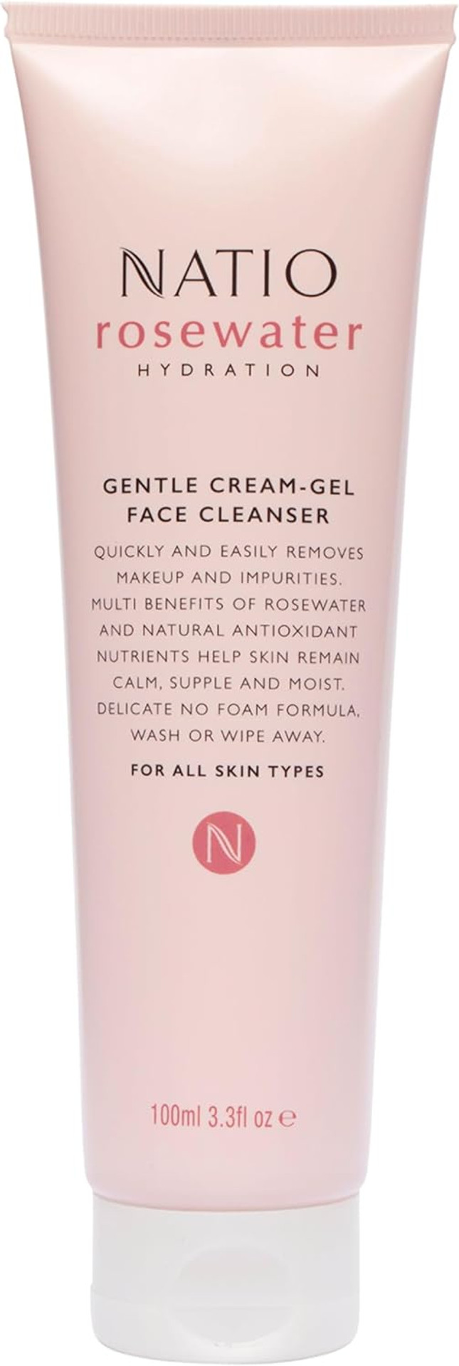 Natio Australia Rosewater Hydration Gentle Cream-Gel Face Cleanser, 100 ml - Facial Cleanser with Rosewater - Travel Size Face Wash for All Skin Types