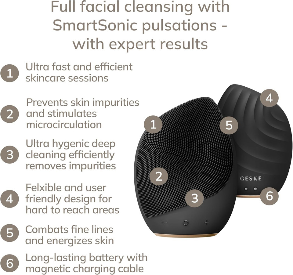 GESKE SmartAppGuided Sonic Facial Brush 5 in 1 | vibrating electric facial cleansing brush | soft silicone brush | professional facial cleanser | skin cleanser & exfoliator | face massager