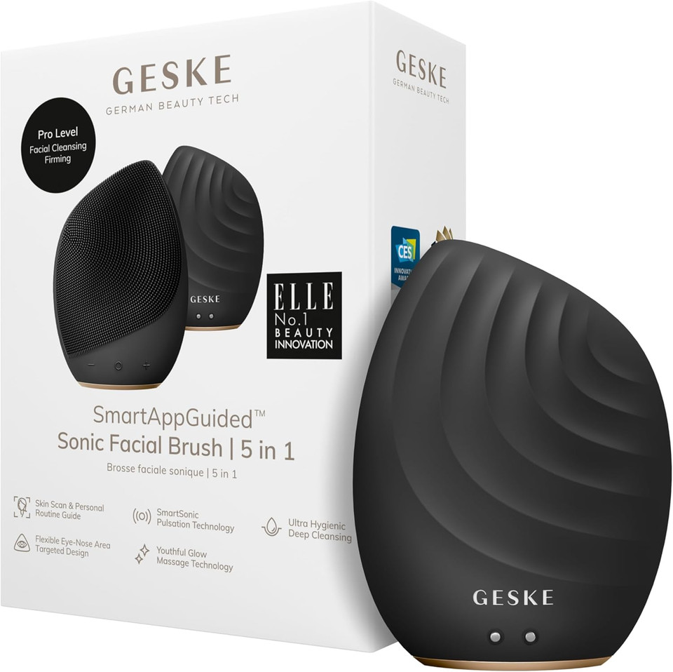 GESKE SmartAppGuided Sonic Facial Brush 5 in 1 | vibrating electric facial cleansing brush | soft silicone brush | professional facial cleanser | skin cleanser & exfoliator | face massager