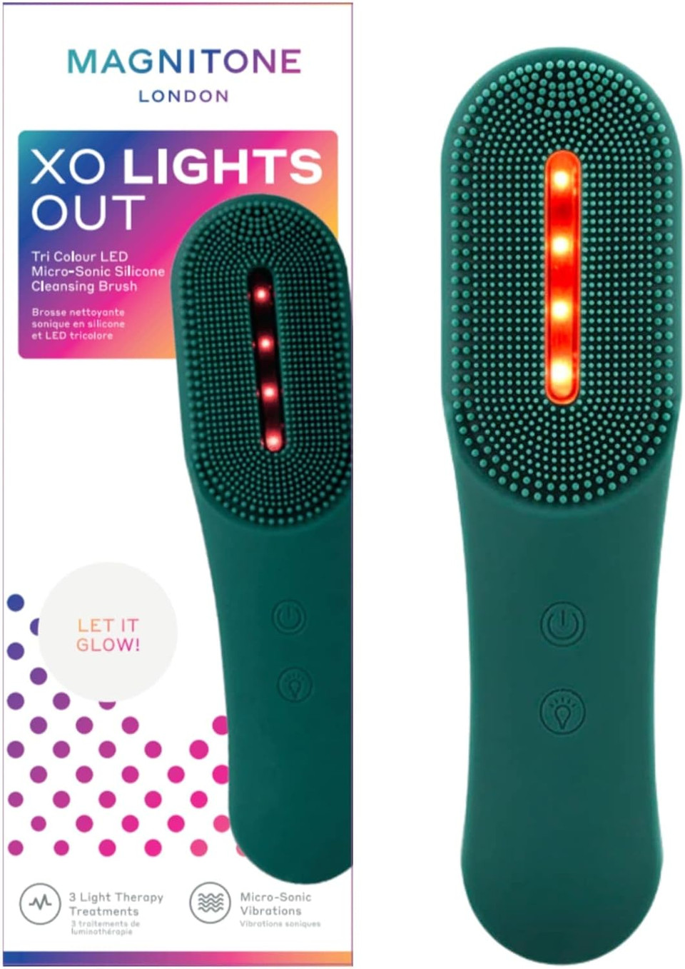 Magnitone XO LightsOut Tri Colour LED Micro-Sonic Cleansing Brush, Deep Cleanses Pores, Facial Massage, Red, Blue & Yellow Light, USB Rechargeable, Waterproof Electric Silicone Brush