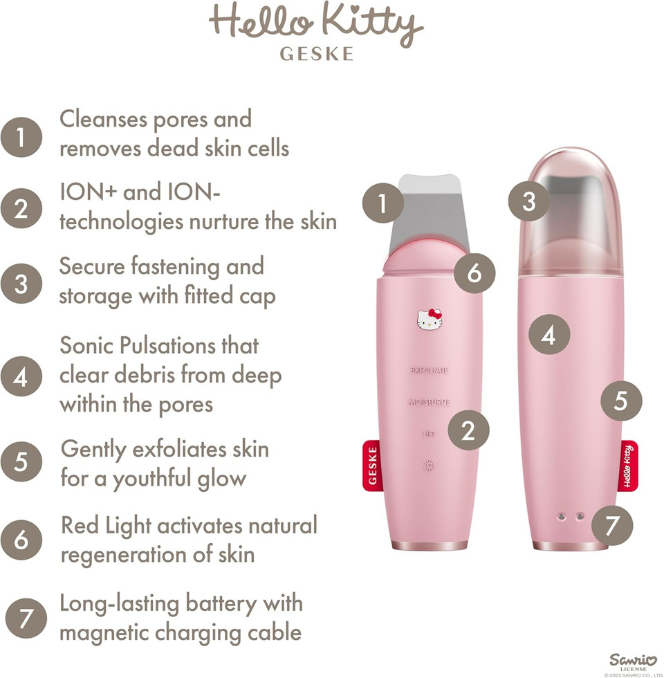 GESKE x Hello Kitty SmartAppGuided MicroCurrent Skin Scrubber & Blackhead Remover | 9 in 1 | Skincare tool | Pores cleaner | Anti-aging & cleansing | Professional face lift | Blackheads removal