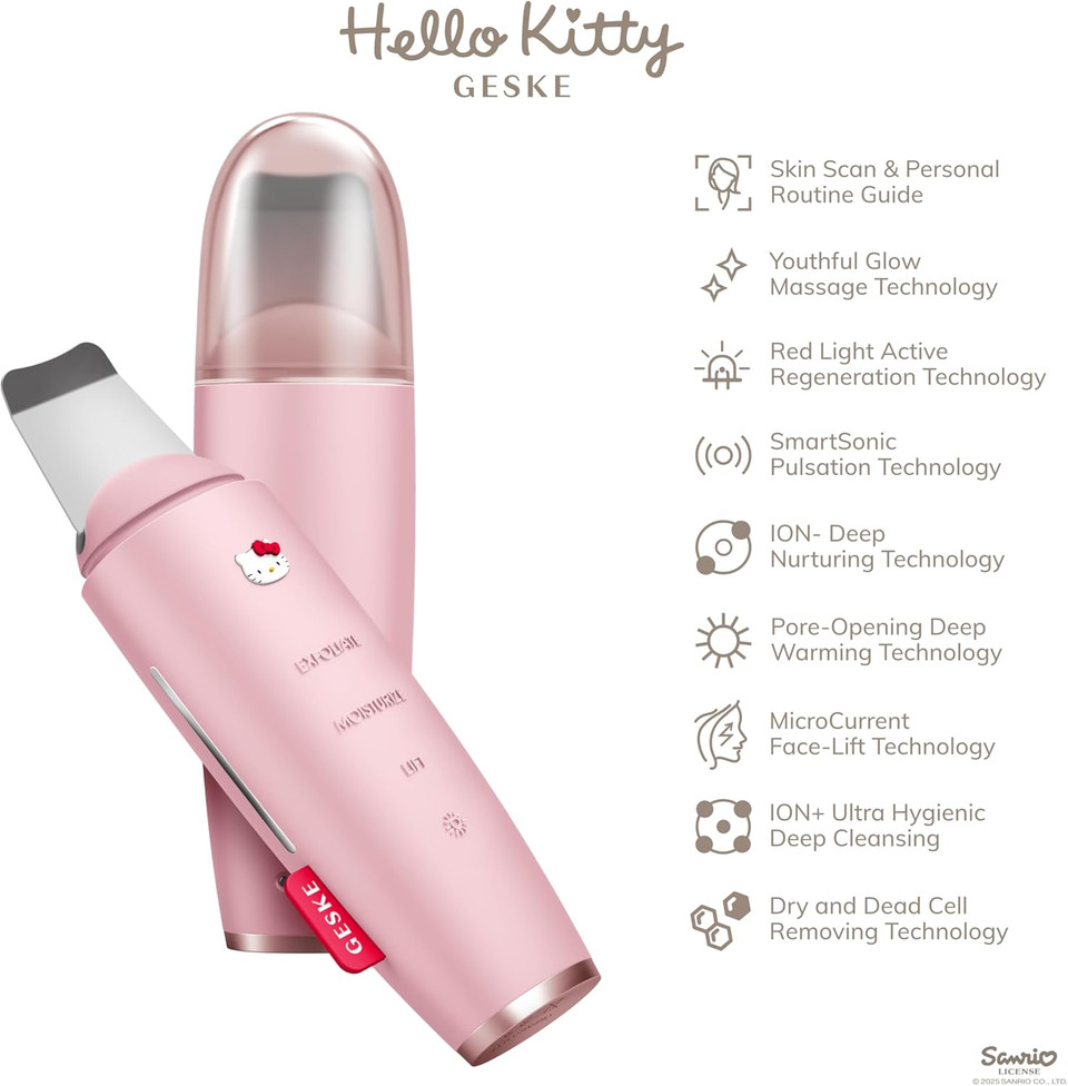 GESKE x Hello Kitty SmartAppGuided MicroCurrent Skin Scrubber & Blackhead Remover | 9 in 1 | Skincare tool | Pores cleaner | Anti-aging & cleansing | Professional face lift | Blackheads removal