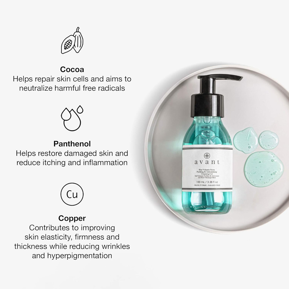 Avant Blue Volcanic Stone Purifying & Antioxidising Cleansing Gel, 100ml - Cleansing Face Wash with Panthenol, Vegan Cleanser for All Skin Types Avant Blue Volcanic Stone Purifying & Antioxidising Cleansing Gel, 100ml - Cleansing Face Wash with Panthenol, Vegan Cleanser for All Skin Types