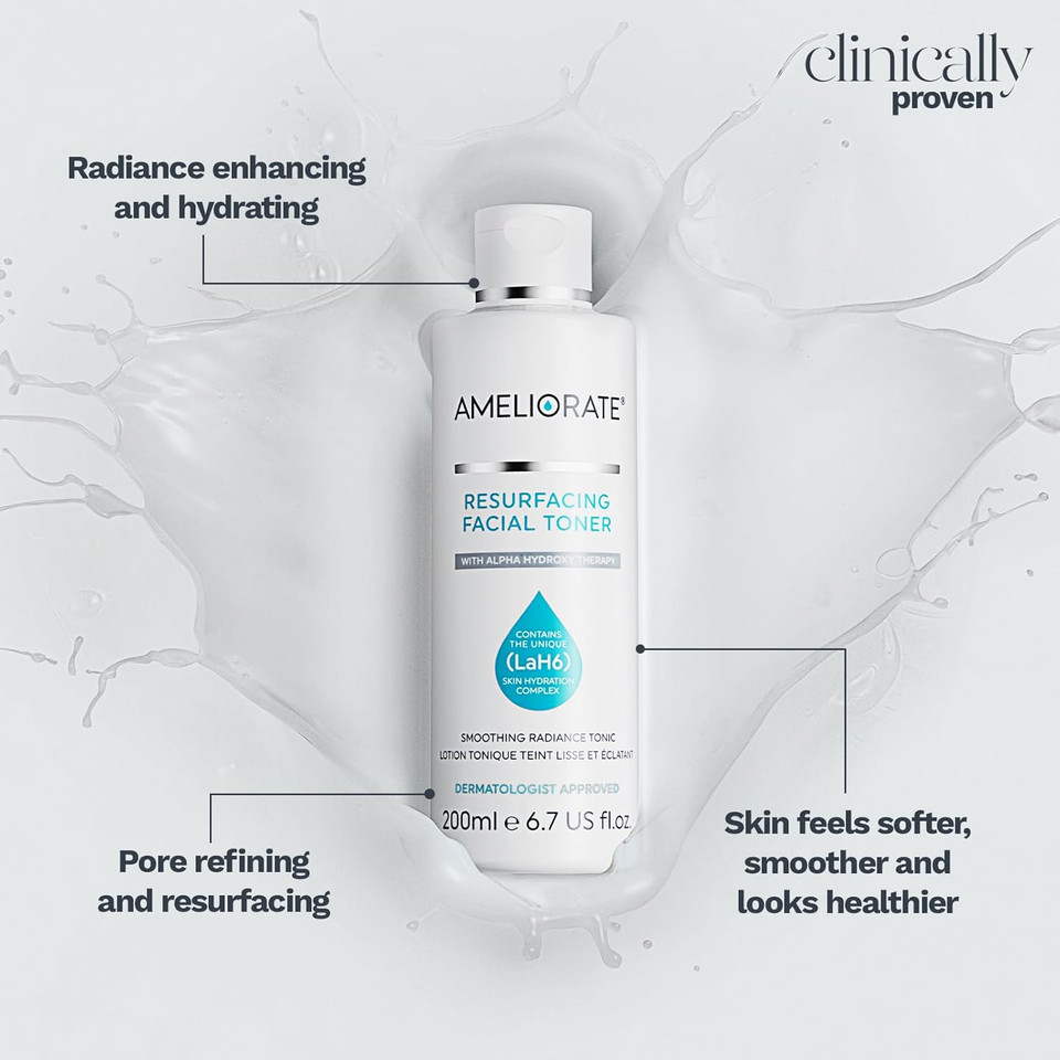 AMELIORATE Resurfacing Facial Toner 200ml l Suitable for KP, Normal and Dry Skin | Pore-refining and Radiance Enhancing Toner | Dermatologist Approved and Clinically Proven