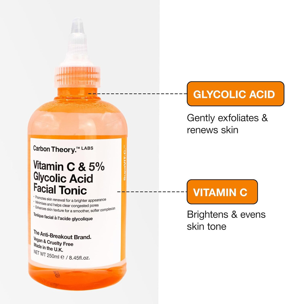 Carbon Theory SupaVIT-C Vitamin C Skin Toner for Face - 5% Glycolic Acid Toner & Blemish Control Cleanser - Reduces Excess Oil & Minimises Pores - Exfoliating Vegan Facial Tonic - 250ml