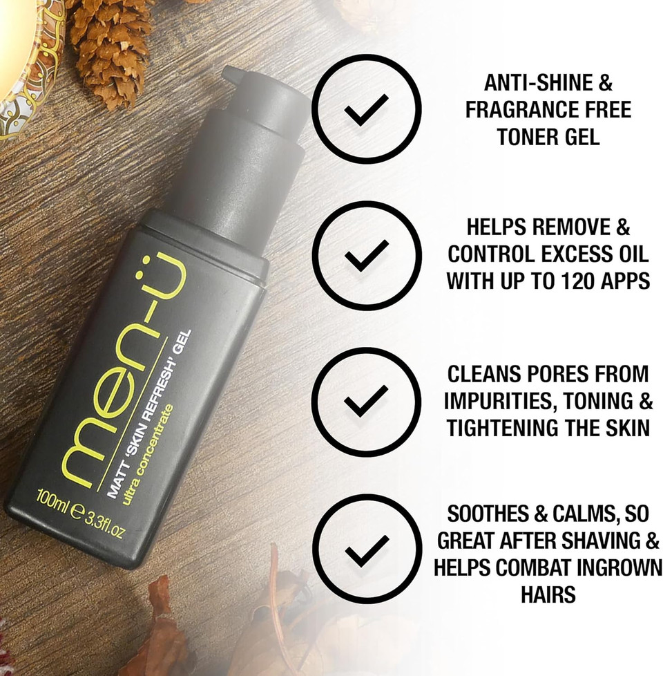 men-ü Facial Toner Gel (Matt 'Skin Refesh') 100ml, Witch Hazel & Salicylic Acid Cleanser Gel, up to 120 Applications, Skin Refresher & Oily Skin Cleanser for Men with Long Lasting Vegan Formula