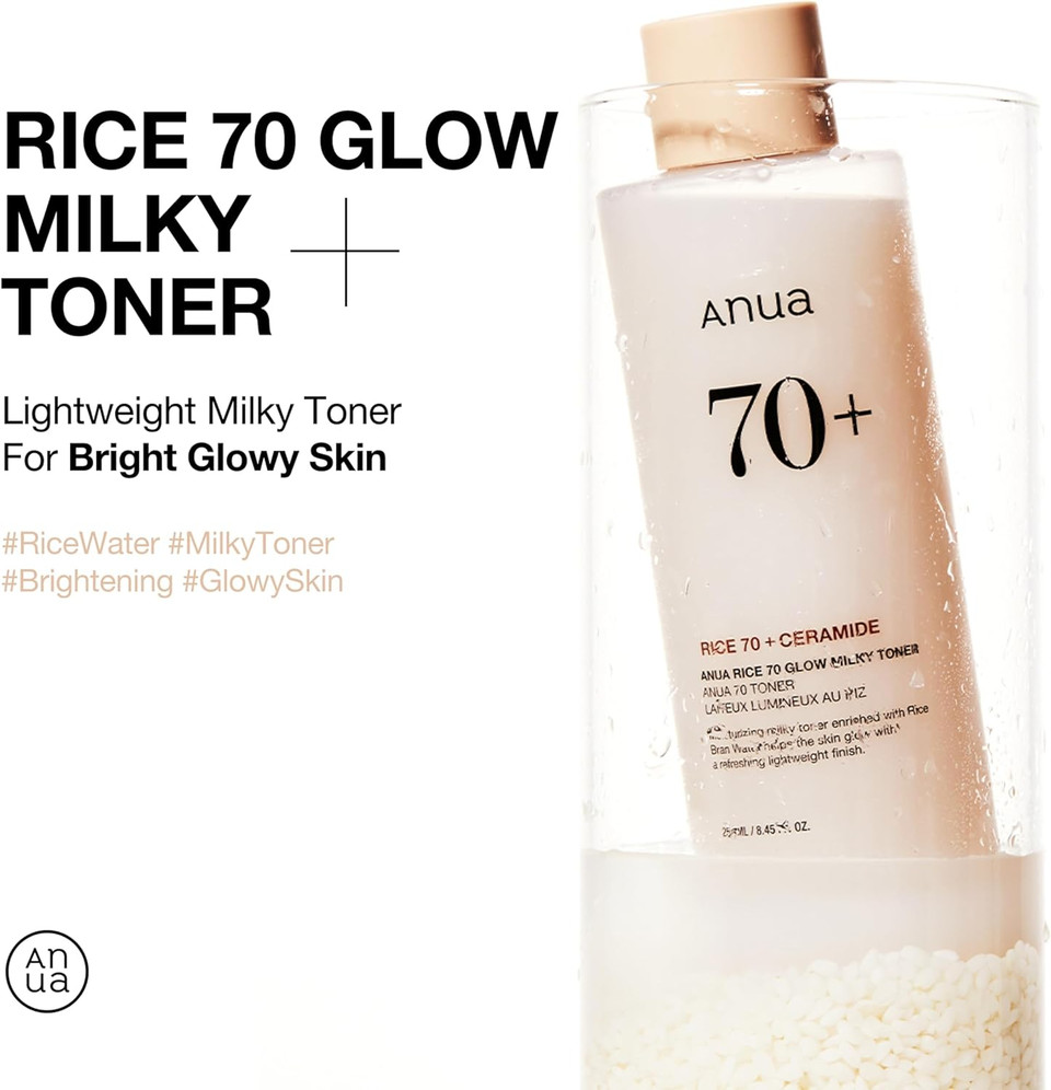 ANUA Rice 70 Glow Milky Toner, for Glass Skin, Rice Water, Niacinamide, Ceramides, Panthenol, Non comedogenic, Fungal Acne Safe, Korean Skin Care, 250ml/8.45fl.oz