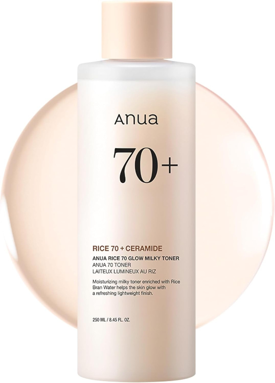 ANUA Rice 70 Glow Milky Toner, for Glass Skin, Rice Water, Niacinamide, Ceramides, Panthenol, Non comedogenic, Fungal Acne Safe, Korean Skin Care, 250ml/8.45fl.oz