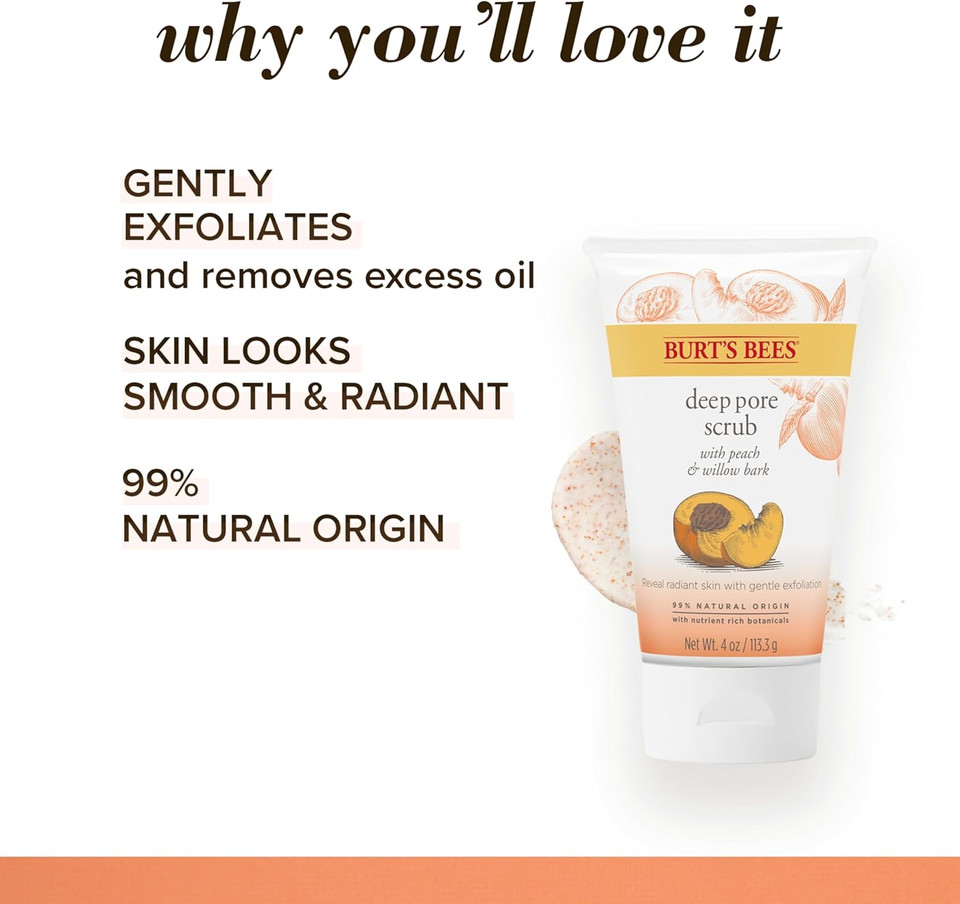 Burt's Bees 99.9% Natural Peach and Willow Bark Deep Pore Exfoliating Facial Scrub, 113.3 grams Burt's Bees 99.9% Natural Peach and Willow Bark Deep Pore Exfoliating Facial Scrub, 113.3 grams