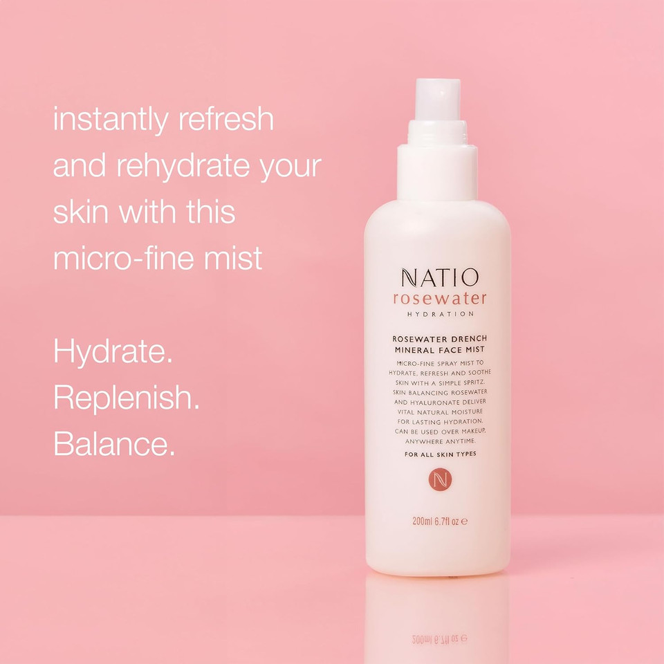 Natio Australia Rosewater Hydration Drench Mineral Face Mist, 200 ml - Face Moisturiser For All Skin Types - Makeup Safe Face Mist Hydrating Spray
