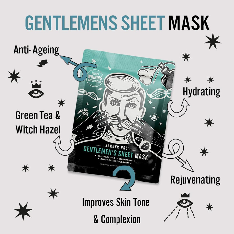 BARBER PRO GENTLEMENS SHEET MASK Mens Face Mask Anti-Ageing Collagen Hydrating Rejuvenating Natural Sheet Cleansing Green Tea & Seaweed Extract Witch Hazel Skincare Multi Award Winning Brand