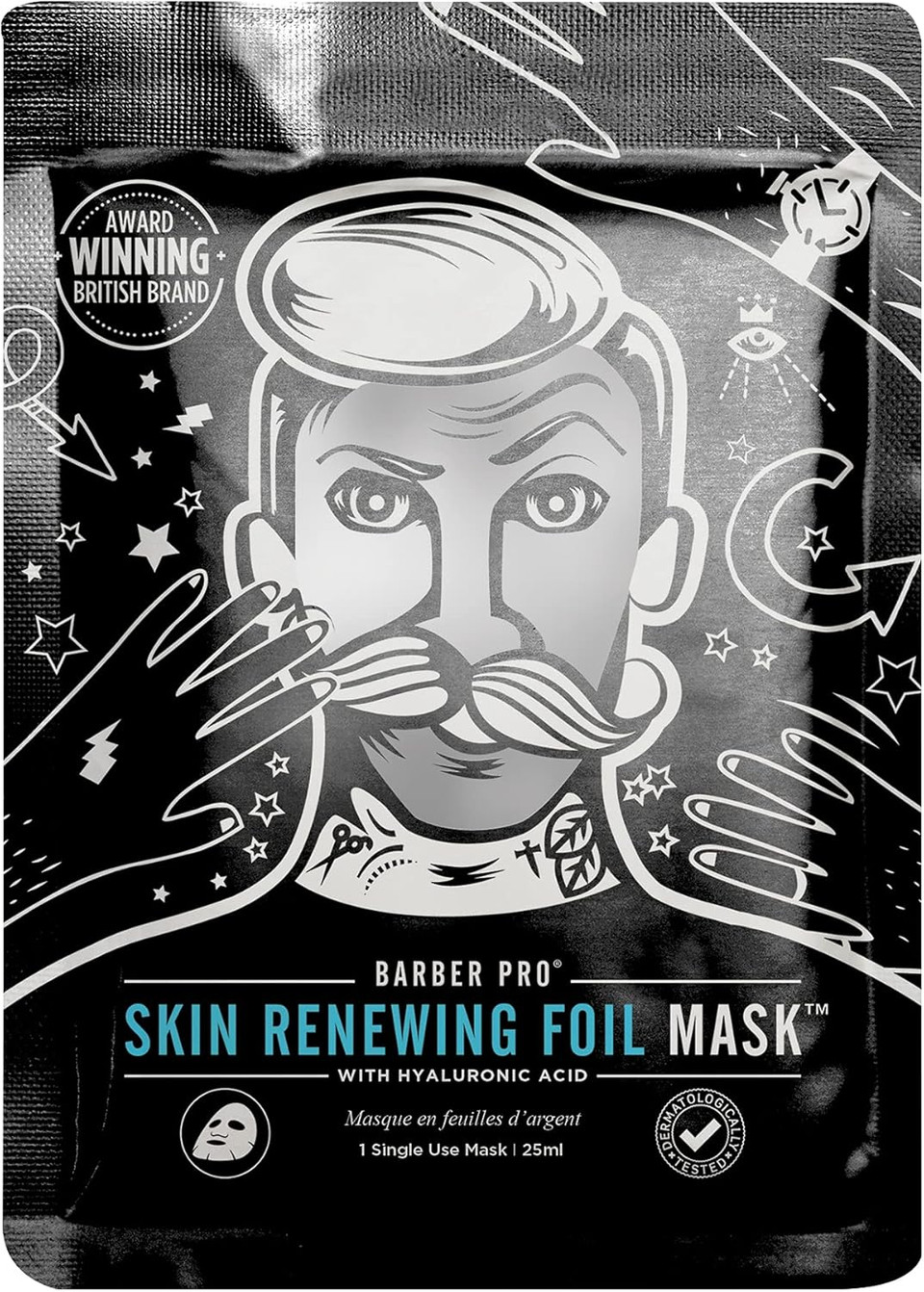 BARBER PRO SKIN RENEWING FOIL Face Mask Mens Skincare Self Warming Sheet Hydrating Anti-Aging Restorative Collagen Hyauronic Acid & Q10 Reduces Fine Lines & Wrinkles Multi Award Winning Brand