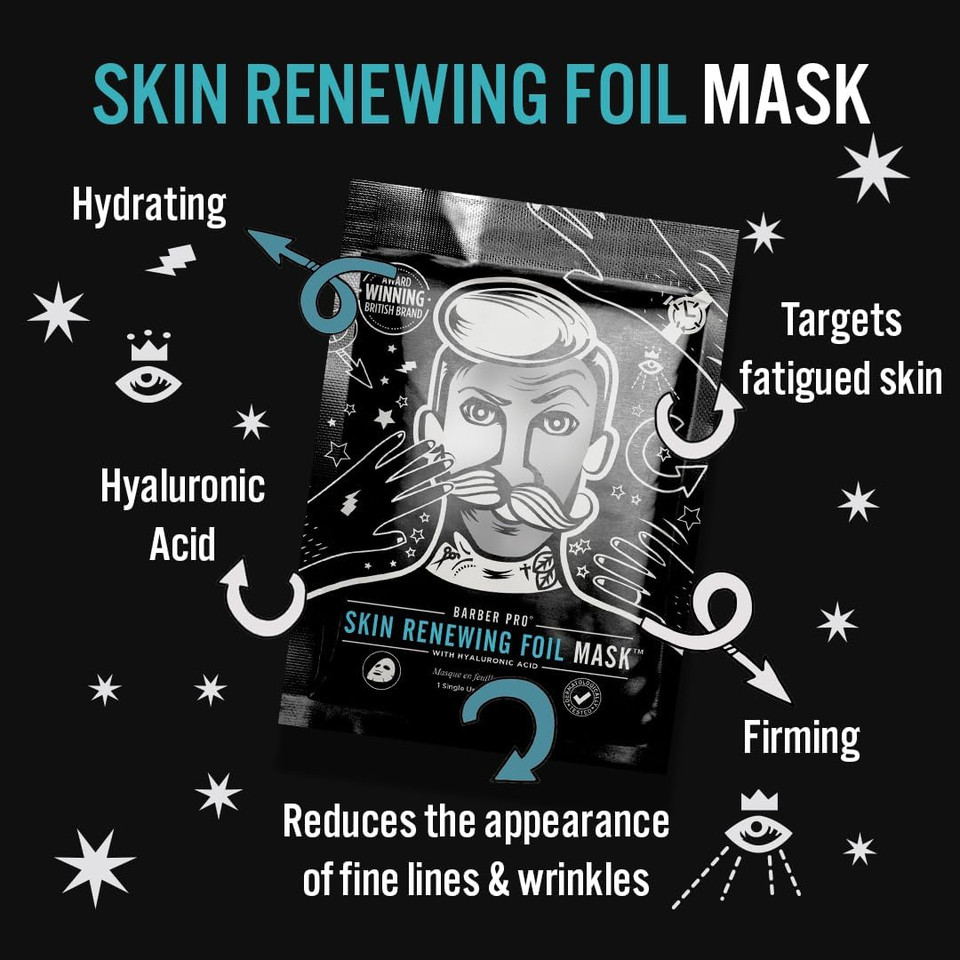BARBER PRO SKIN RENEWING FOIL Face Mask Mens Skincare Self Warming Sheet Hydrating Anti-Aging Restorative Collagen Hyauronic Acid & Q10 Reduces Fine Lines & Wrinkles Multi Award Winning Brand