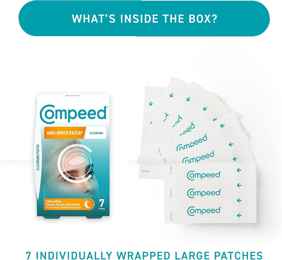 Compeed - Anti-Spots Cleansing Patch - Cleanse, Absorb and Exfoliate  Hydrocolloid Spots patches, Pimple patches - Ideal for overnight use  For large blemish-prone areas - 7 Patches