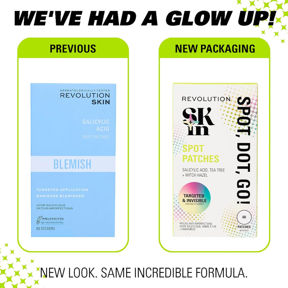 Revolution Skin, Spot, Dot, Go! Salicylic Acid Spot Patches, Discreet Pimple Patches With Salicylic Acid & Tea Tree, Vegan & Cruelty-Free, 60 Patches Per Box