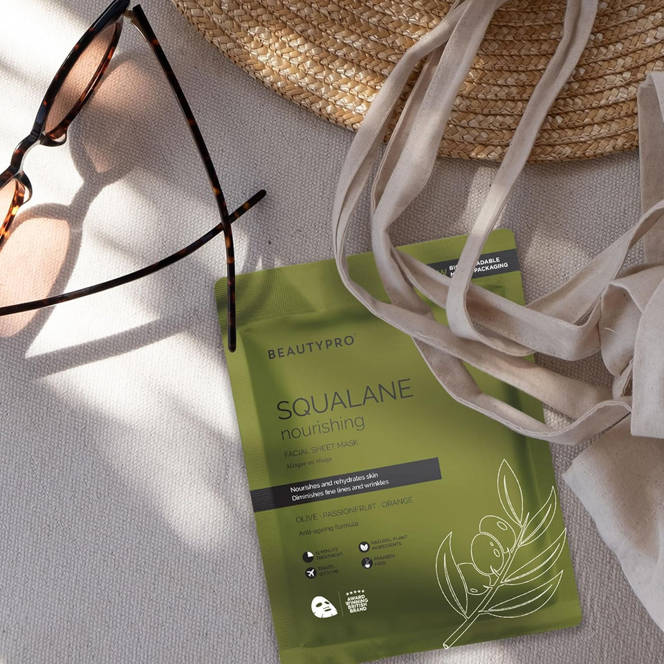BEAUTYPRO SQUALANE Face Mask Nourshing Anti-Ageing Hydrate Radiant Complexion Plant Based Olive Extract Natural Facial Korean Vegan Skincare 100% Biodegradable Multi Award Winning Brand