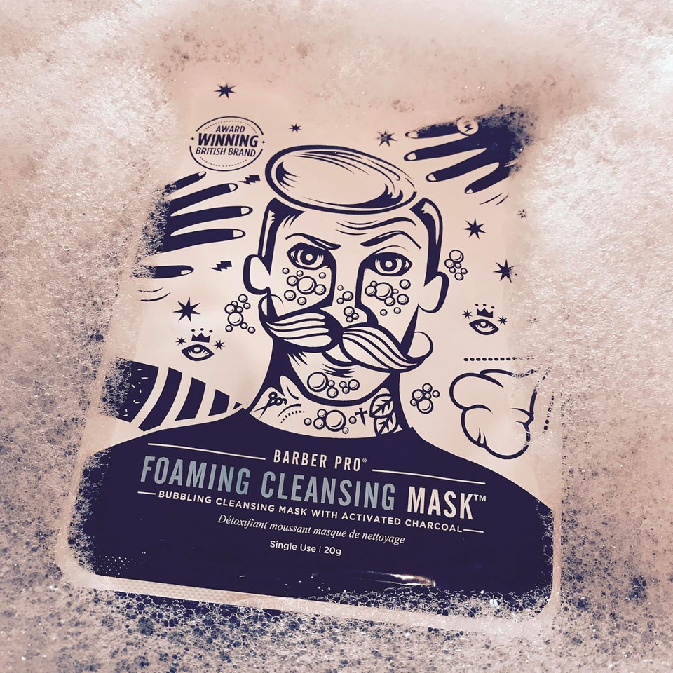BARBER PRO Mens Face Mask Self Foaming Deep Cleanse Sheet Activated Charcoal Firming Purifying Clarifying Pores Tackles Blackheads Natural Vegan Skincare Multi Award Winning Brand