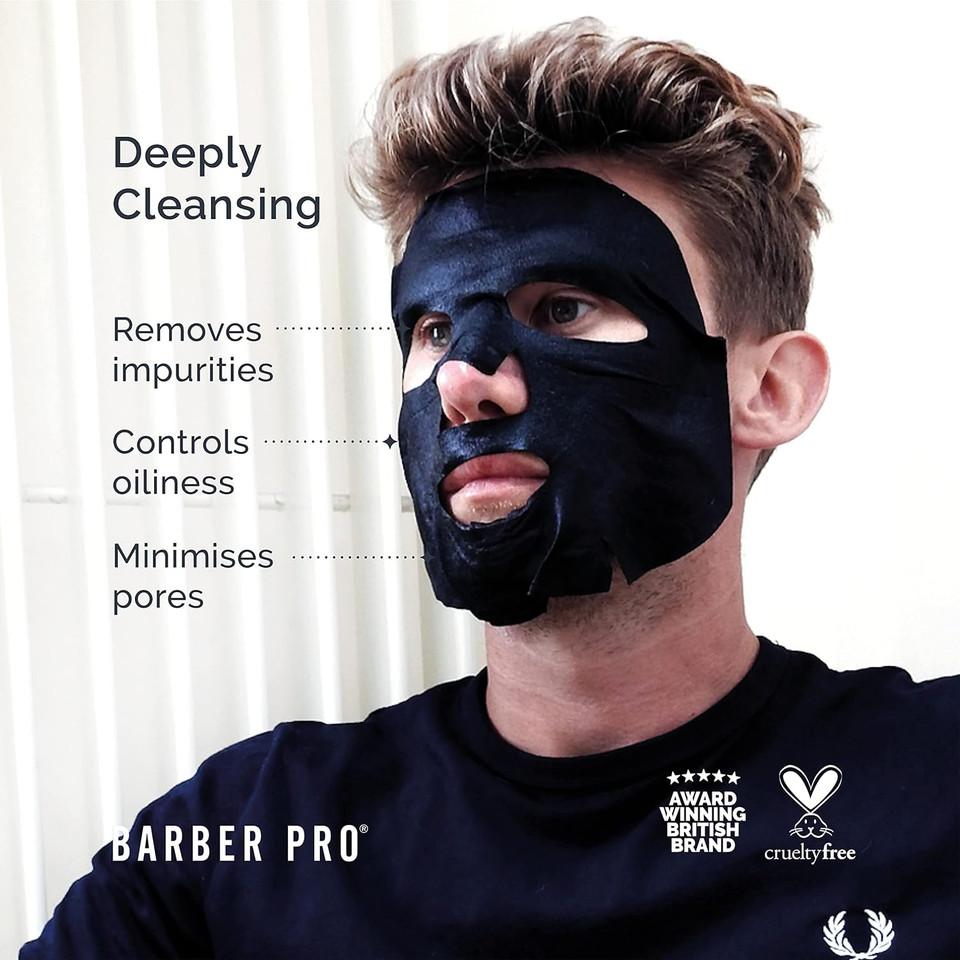 BARBER PRO Mens Face Mask Self Foaming Deep Cleanse Sheet Activated Charcoal Firming Purifying Clarifying Pores Tackles Blackheads Natural Vegan Skincare Multi Award Winning Brand