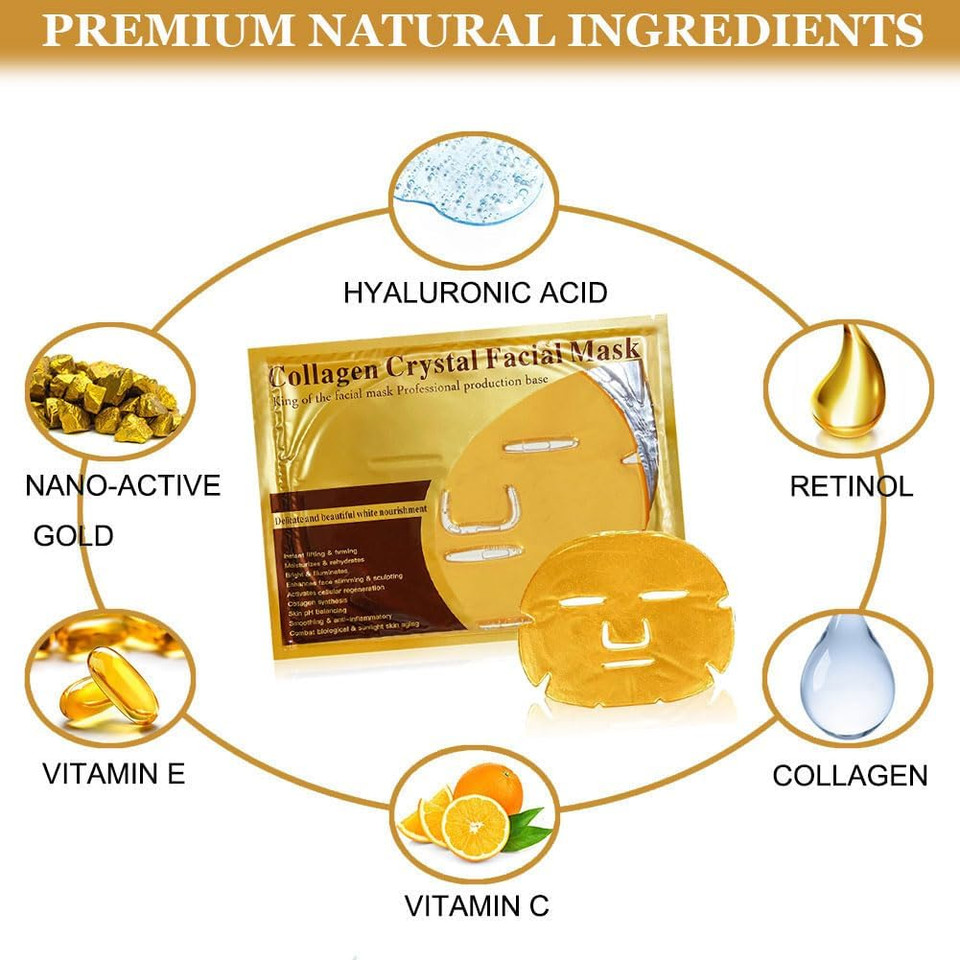 5x New Crystal 24K Gold Powder Gel Collagen Face Mask Masks Sheet Patch,Anti Ageing Aging,Skincare,Anti Wrinkle,Moisturising,Moisture,Hydrating,Uplifting,Whitening,Remove Blemishes & Blackheads