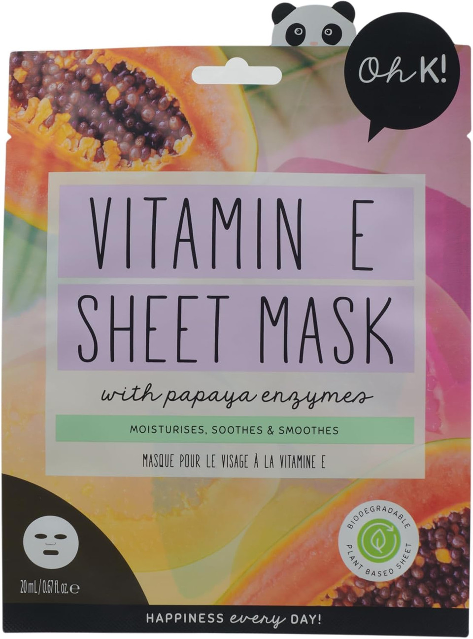 Oh K! Vitamin E Sheet Mask, Plumping Effect, With Collagen, Rose Scented, Vegan and Cruelty Free, 43g