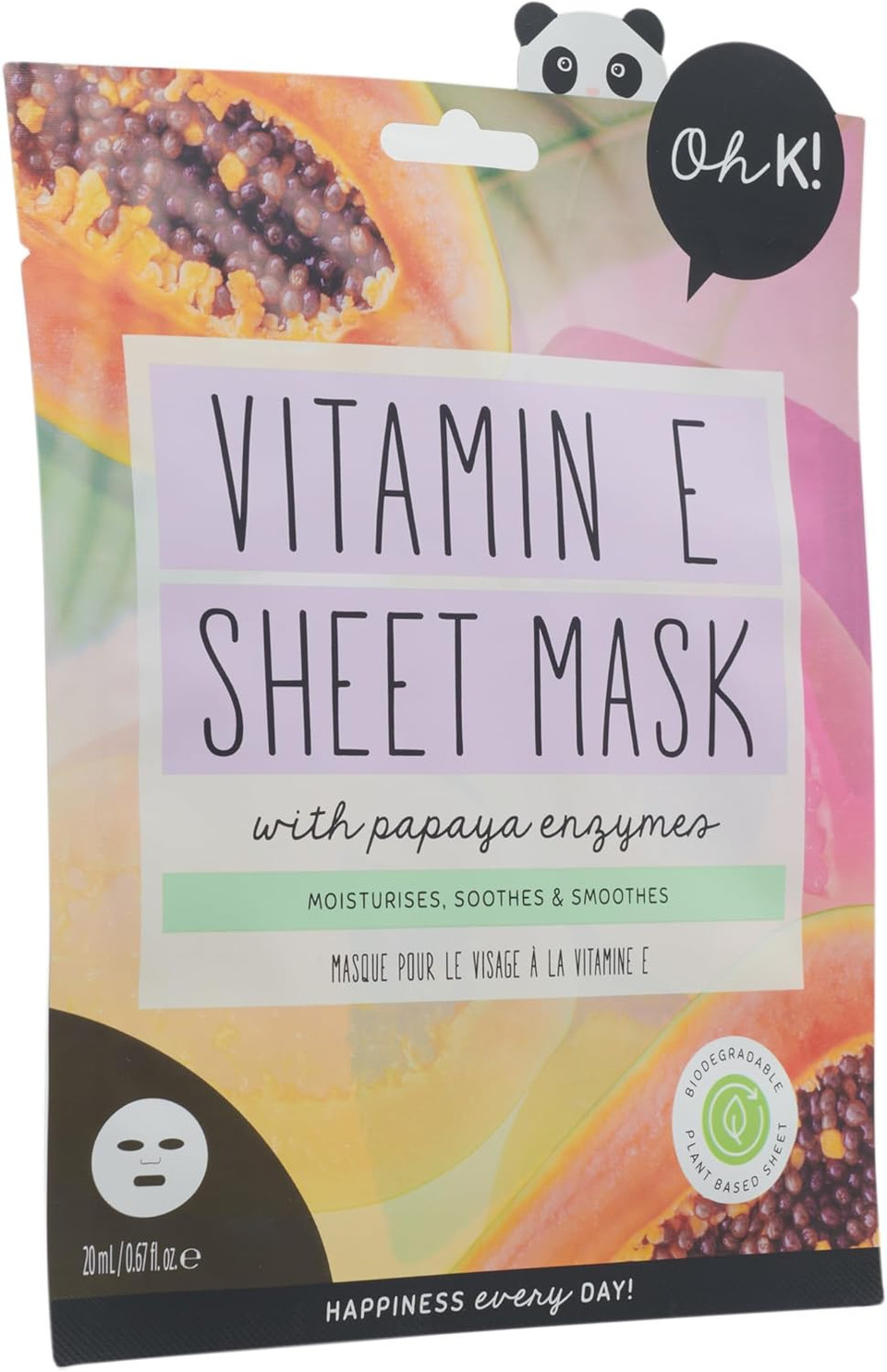 Oh K! Vitamin E Sheet Mask, Plumping Effect, With Collagen, Rose Scented, Vegan and Cruelty Free, 43g