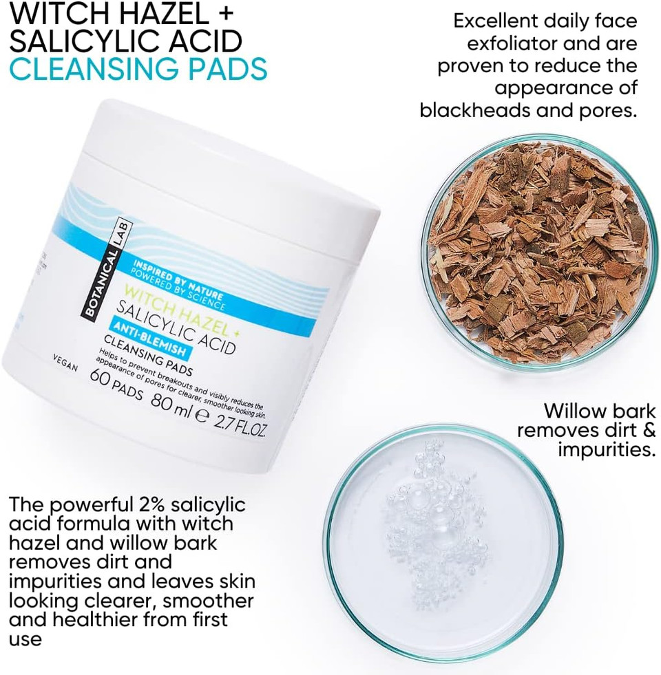 Botanical Lab Witch Hazel + Salicylic Acid Pads (60 pads) | Exfoliate the Skin | Reduce Appearance of Pores, Breakouts & Blemishes | Face & Neck | Plastic Free Pads
