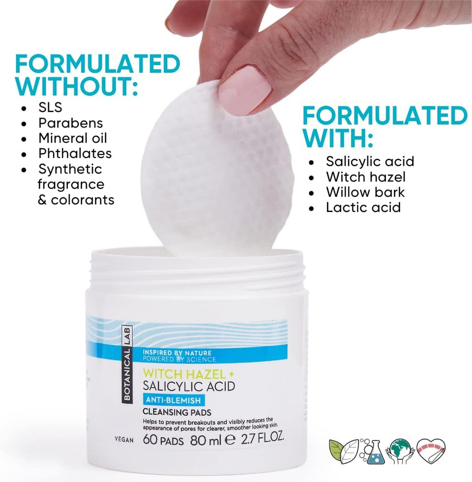 Botanical Lab Witch Hazel + Salicylic Acid Pads (60 pads) | Exfoliate the Skin | Reduce Appearance of Pores, Breakouts & Blemishes | Face & Neck | Plastic Free Pads