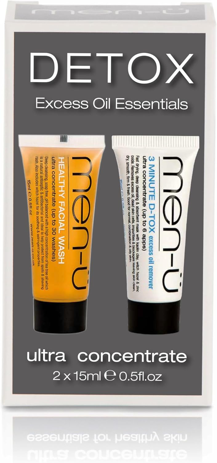 men-ü DETOX EXCESS OIL ESSENTIALS 2 x 15ml mens skincare ultra-concentrate buddy tubes. Combat oily skin with 3 Minute DTOX & Deep Cleanse with Healthy Facial Wash 15ml