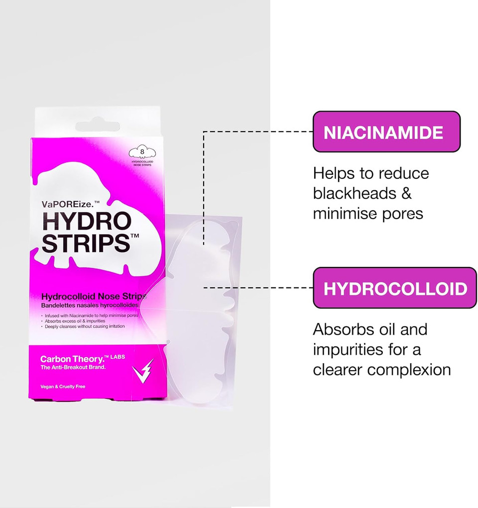 Carbon Theory VaPOREize Nose Pore Strips with Niacinamide - 8 x Hydrocolloid Nose Strips - Spot Patches - Pore Minimizer & Blackhead Remover - Vegan Spot Treatment