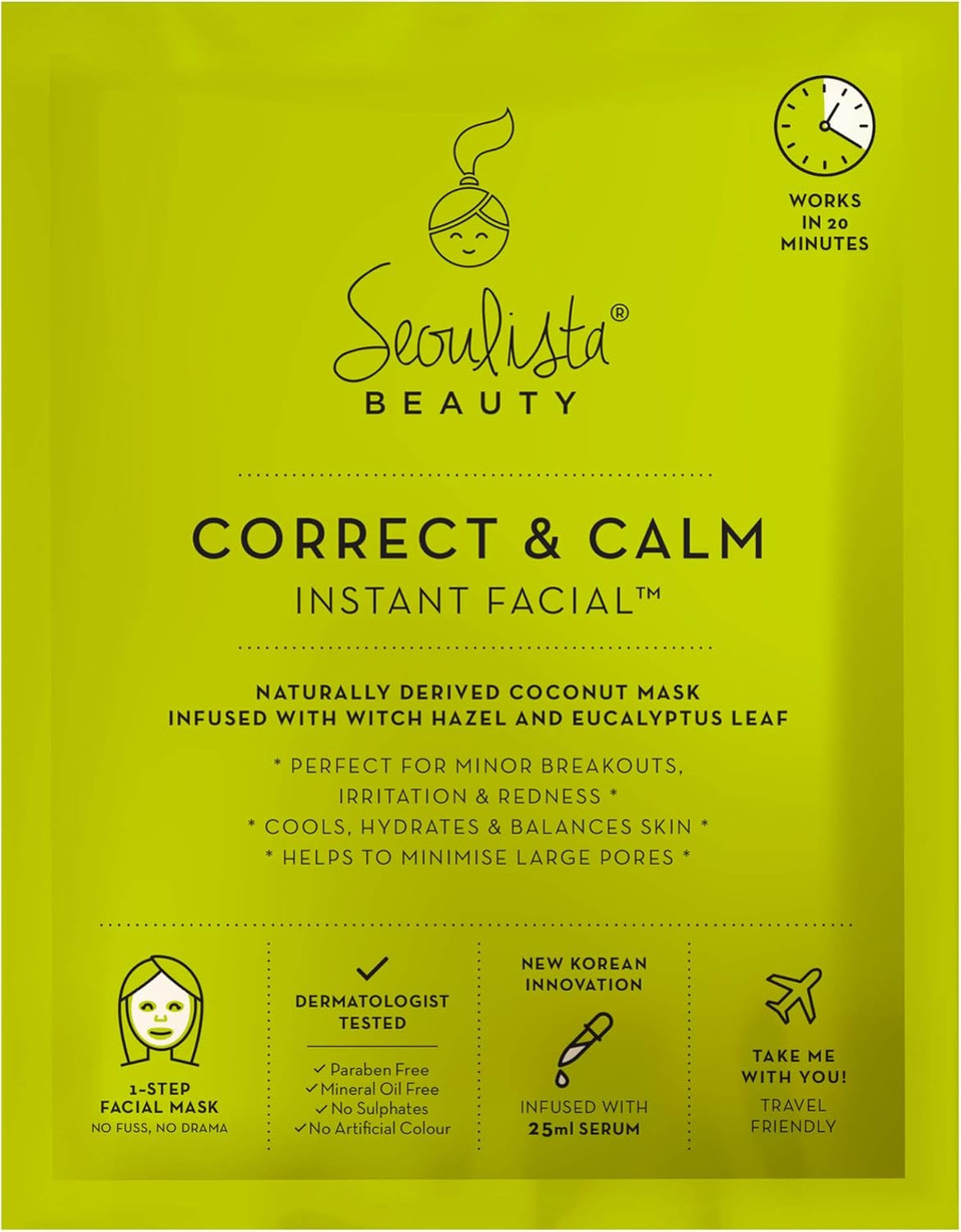 Seoulista Beauty® Correct & Calm Instant Facial 25ml | Soothing Face Sheet Mask For Oily and Combination Skin | Dermatologist Created Korean Skin Care | Infused with Witch Hazel Eucalyptus Leaf