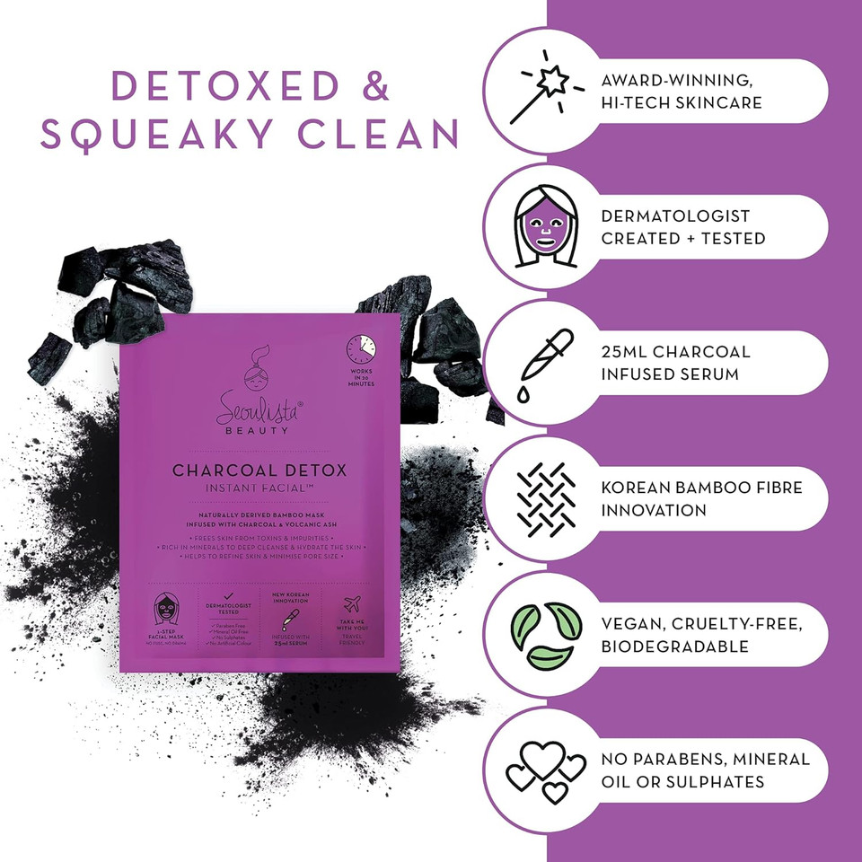 Seoulista Beauty Charcoal Detox Instant Facial  Face Sheet Mask  Dermatologist Created Korean Skin Care