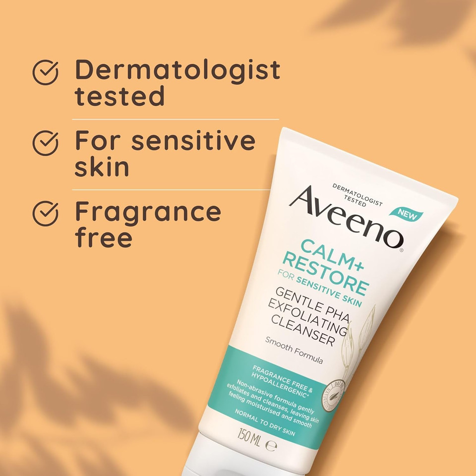 Aveeno Face Calm+Restore Gentle PHA Exfoliating Cleanser (1x 150ml), With Oat Oil and Naturally Derived PHA, Face Cleanser for Sensitive Skin, Exfoliator Gentle Enough for Daily Use