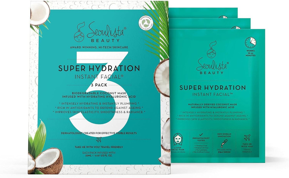 Seoulista Beauty Super Hydration Instant Facial  Hydrating Beauty Face Mask for Dry Skin - Infused with Hyaluronic Acid and Coconut  Dermatologist Created Korean Skin Care  Multi-Award Winning