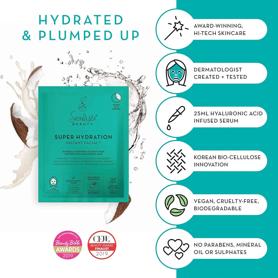 Seoulista Beauty Super Hydration Instant Facial  Hydrating Beauty Face Mask for Dry Skin - Infused with Hyaluronic Acid and Coconut  Dermatologist Created Korean Skin Care  Multi-Award Winning