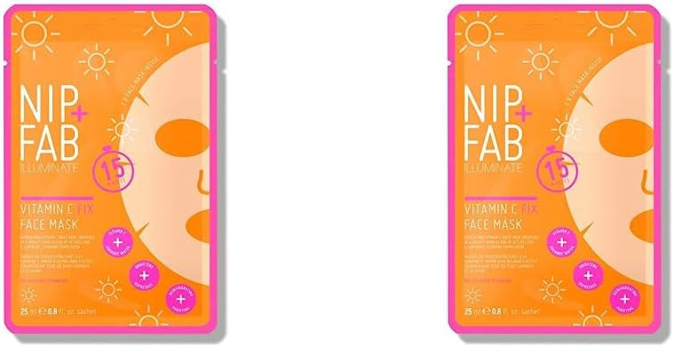 Nip + Fab Vitamin C Fix Sheet Mask for Face with Coconut Water, Citrus Fruit Extract, Hydrating Antioxidant Facial Mask for Skin Brightening and Toning, 24ml (Pack of 2)