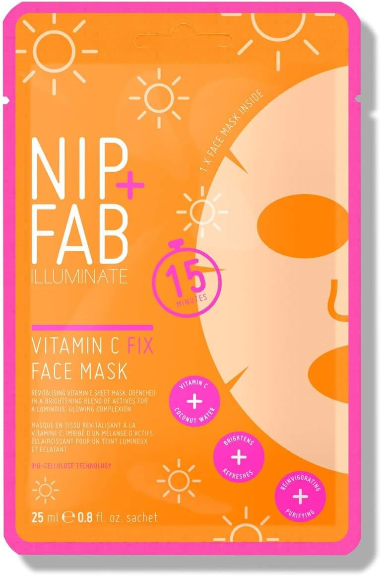 Nip + Fab Vitamin C Fix Sheet Mask for Face with Coconut Water, Citrus Fruit Extract, Hydrating Antioxidant Facial Mask for Skin Brightening and Toning, 24ml (Pack of 2)