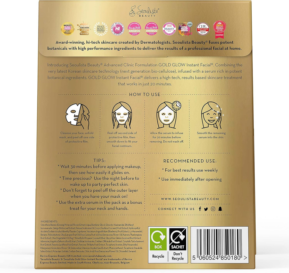 Seoulista Beauty Advanced Clinic Formulation Gold Glow Instant Facial  Anti-Ageing Face Mask With Bulgarian Rose Oil, Vitamin C, Niacinamide  Dermatologist Created  Globally Award Winning