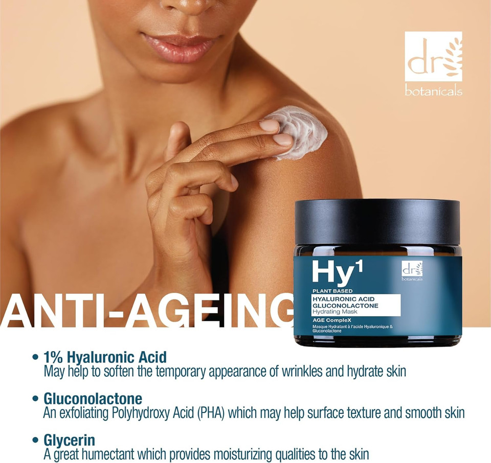 Dr BOTANICALS Hyaluronic Acid & Gluconolactone Hydrating Anti-Aging Facial Mask | Reduce Wrinkles, Renew, Gentle Exfoliate and Revitalize Skin with Nourishing Hyaluronic Acid Mask